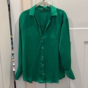 Zara satin effect blouse in green, size small